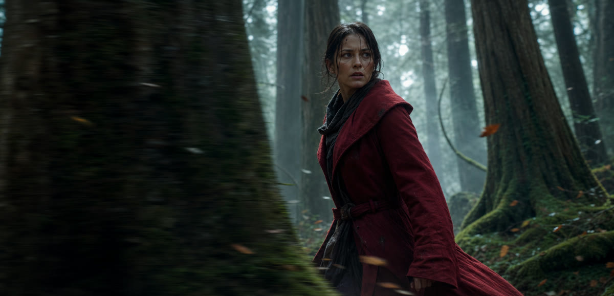 A woman in a red coat filmed in motion through a misty forest