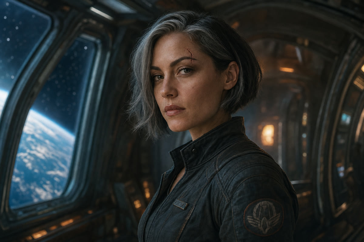A cinematic portrait of a space pilot inside a spacecraft