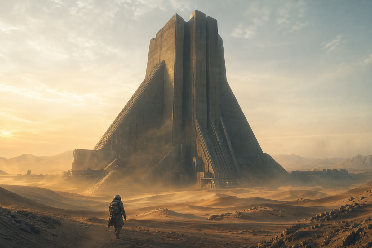 A lone explorer approaching a monumental structure in the desert