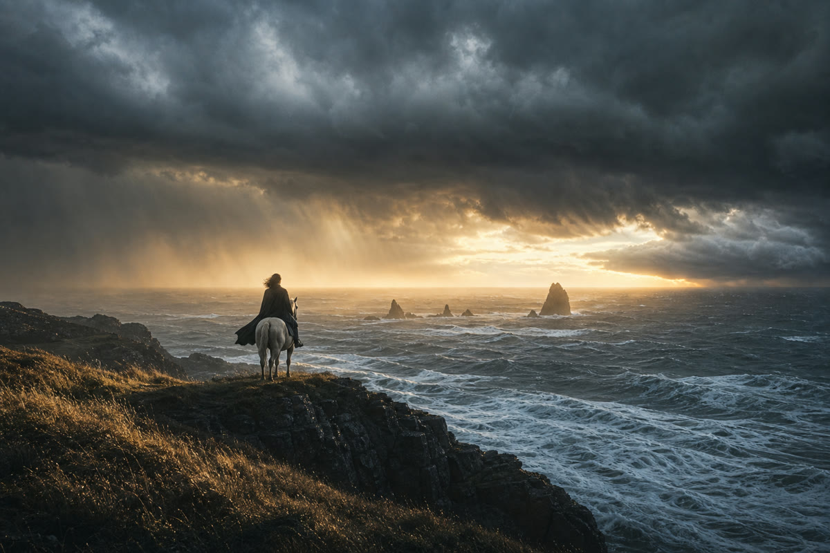 A rider overlooking a stormy ocean from a coastal cliff