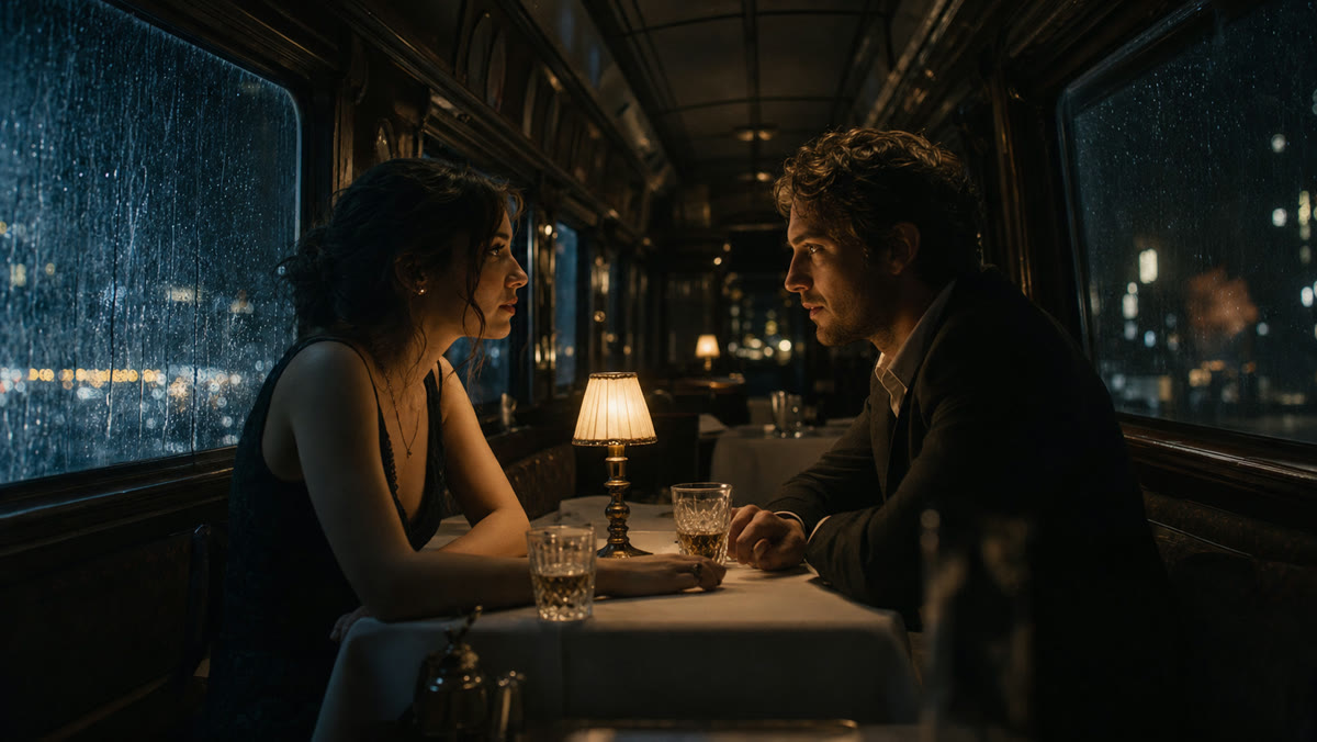 Two characters in conversation inside a rain-lit train dining car