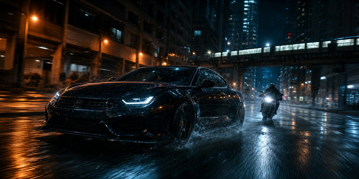 A cinematic car chase through a rain-soaked city at night
